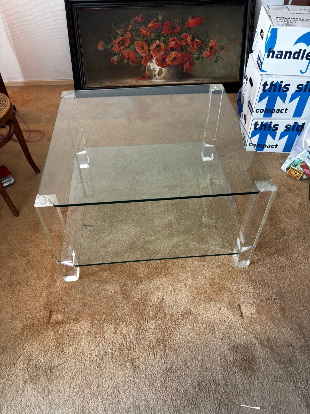 Glazen salontafel, Ophalen, Gebruikt, 50 tot 100 cm, Vierkant