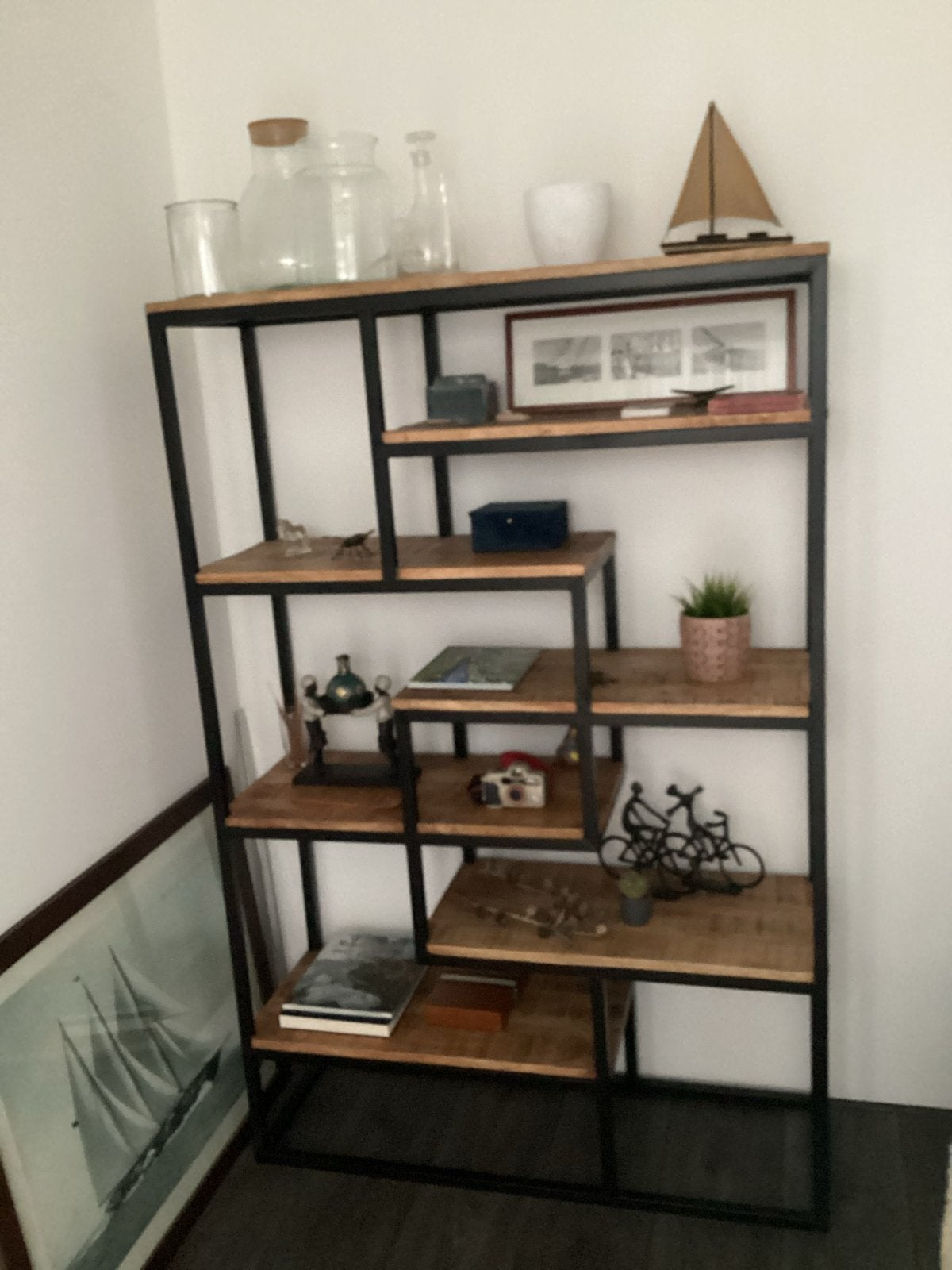 Industriële Boekenkast met Houten Planken, Ophalen, Zo goed als nieuw