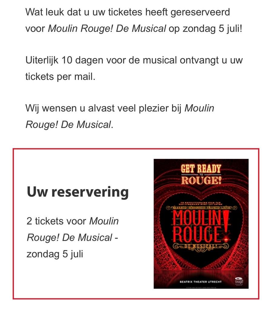 2 tickets Moulin Rouge! De Musical – zondag 5 juli, Tickets en Kaartjes, Theater | Musical, Twee personen, Juli