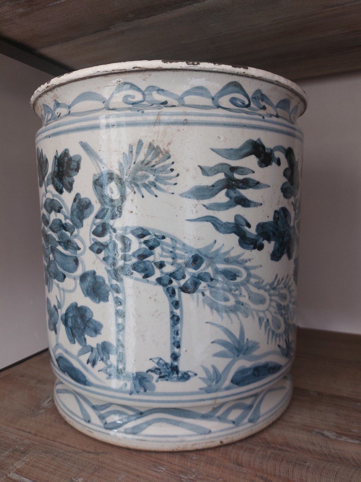Oude Chinese Pot/Vaas met Pauwen Tekening - Blauw/Wit, Antiek en Kunst, Ophalen of Verzenden