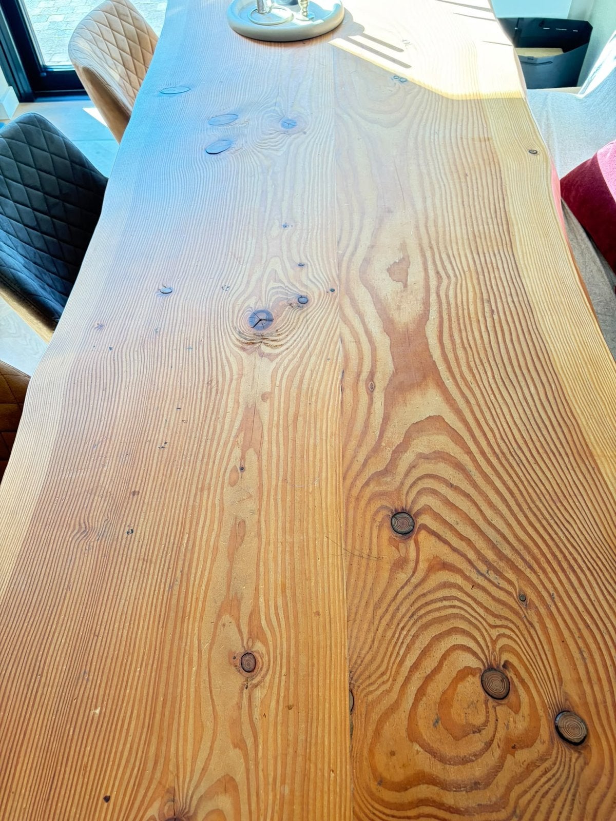Robuuste Douglas eettafel met stalen poten + 3 stoelen, Ophalen, Gebruikt, 200 cm of meer, 50 tot 100 cm