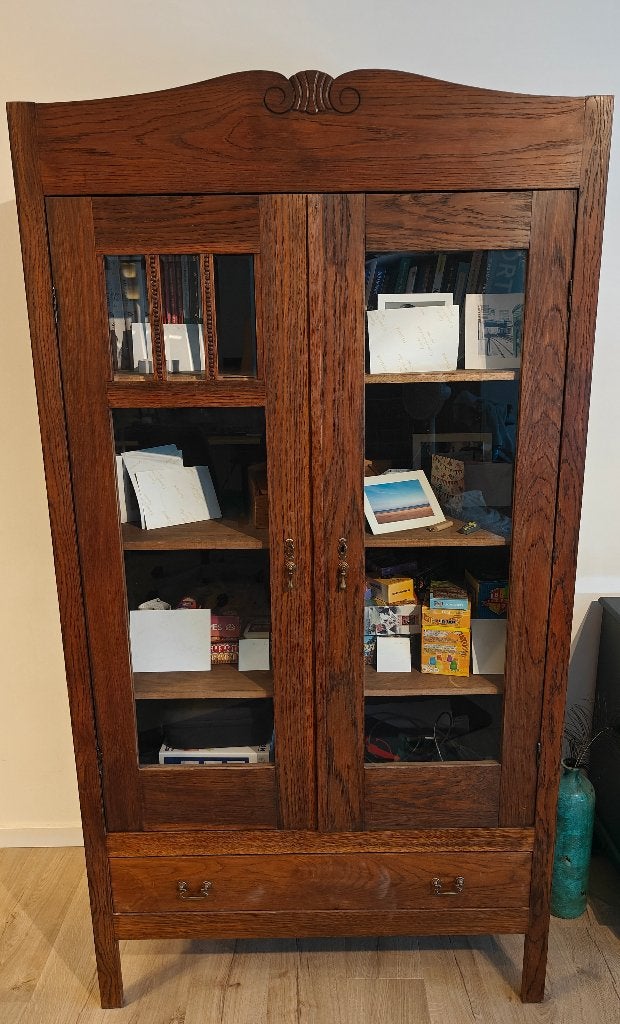 Eiken vitrinekast, Huis en Inrichting, Kasten | Vitrinekasten, Gebruikt, 150 tot 200 cm, 100 tot 150 cm, 25 tot 50 cm, Met lade(s)