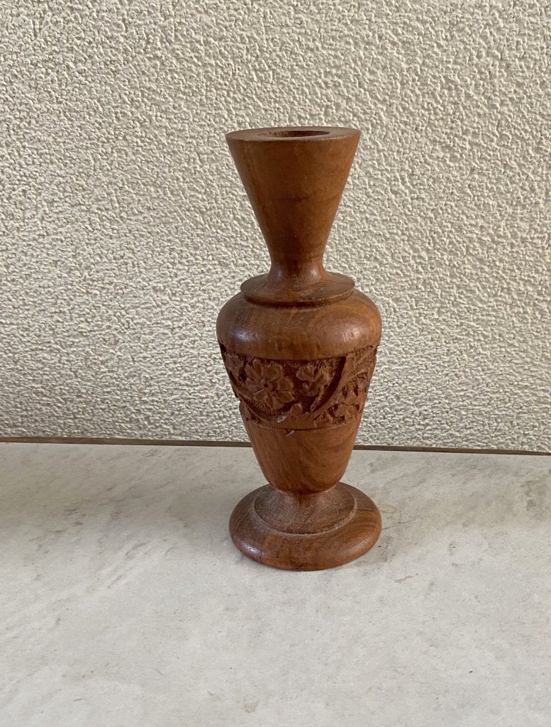 vintage houten kandelaars INDIA mooi bewerkt, hoogte 17 cm., Ophalen of Verzenden, Zo goed als nieuw, Bruin, Hout