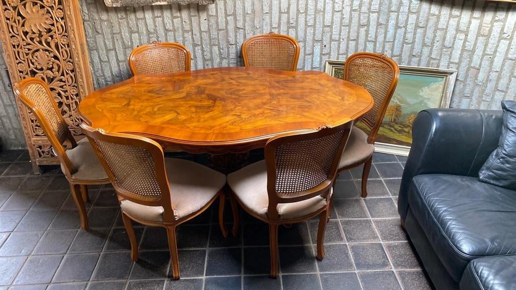 Antieke eettafel met 6 stoelen - Biedermeier stijl, Ophalen of Verzenden