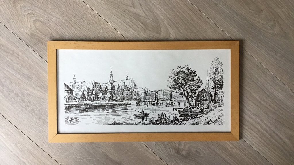 zicht op weesp, Antiek en Kunst, Kunst | Tekeningen en Foto's, Ophalen of Verzenden, Pentekening, Ingelijst
