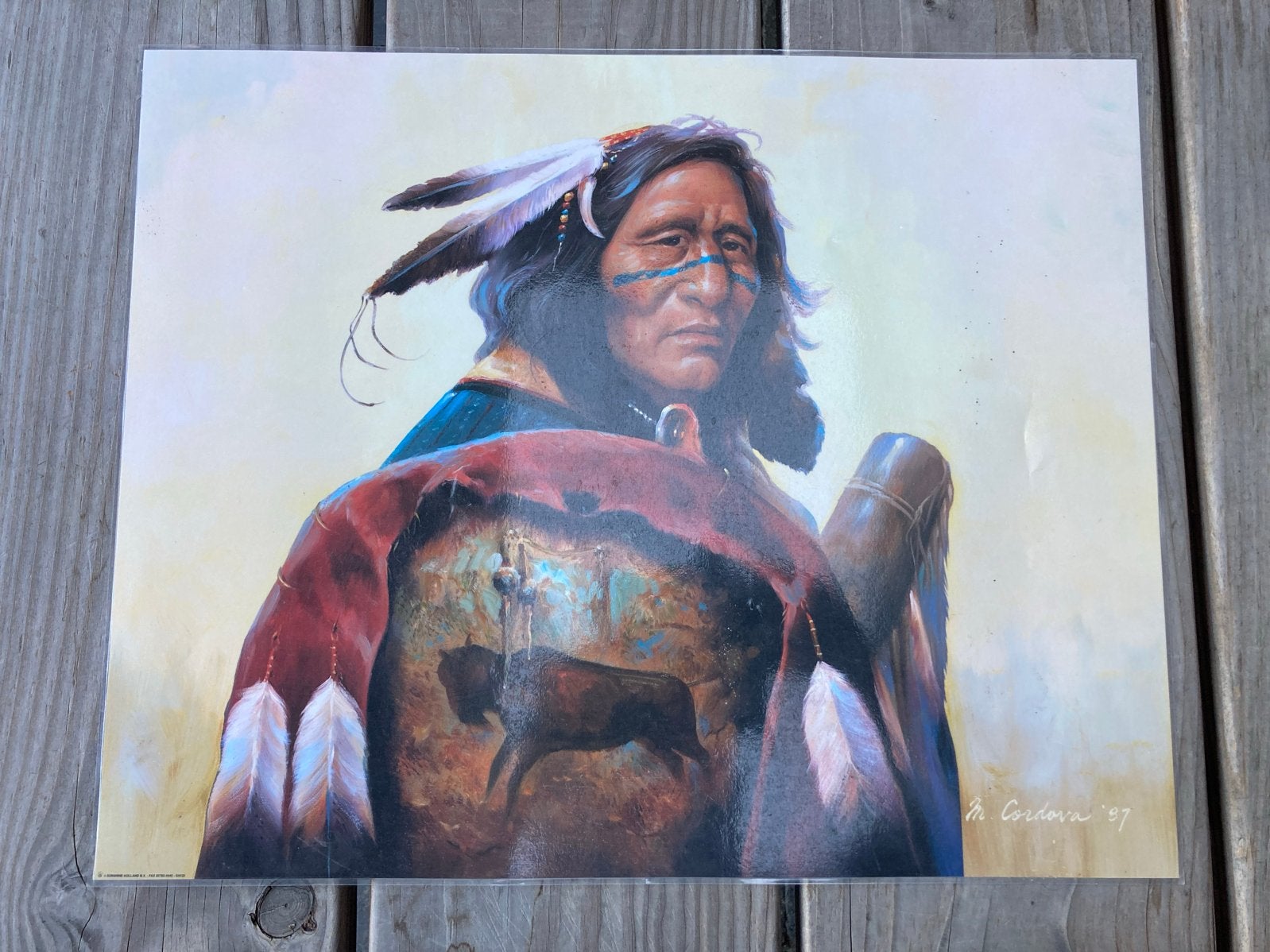 Schilderij van Indiaan met veren en traditionele kleding, Ophalen, Print, Gesigneerd, Overige materialen
