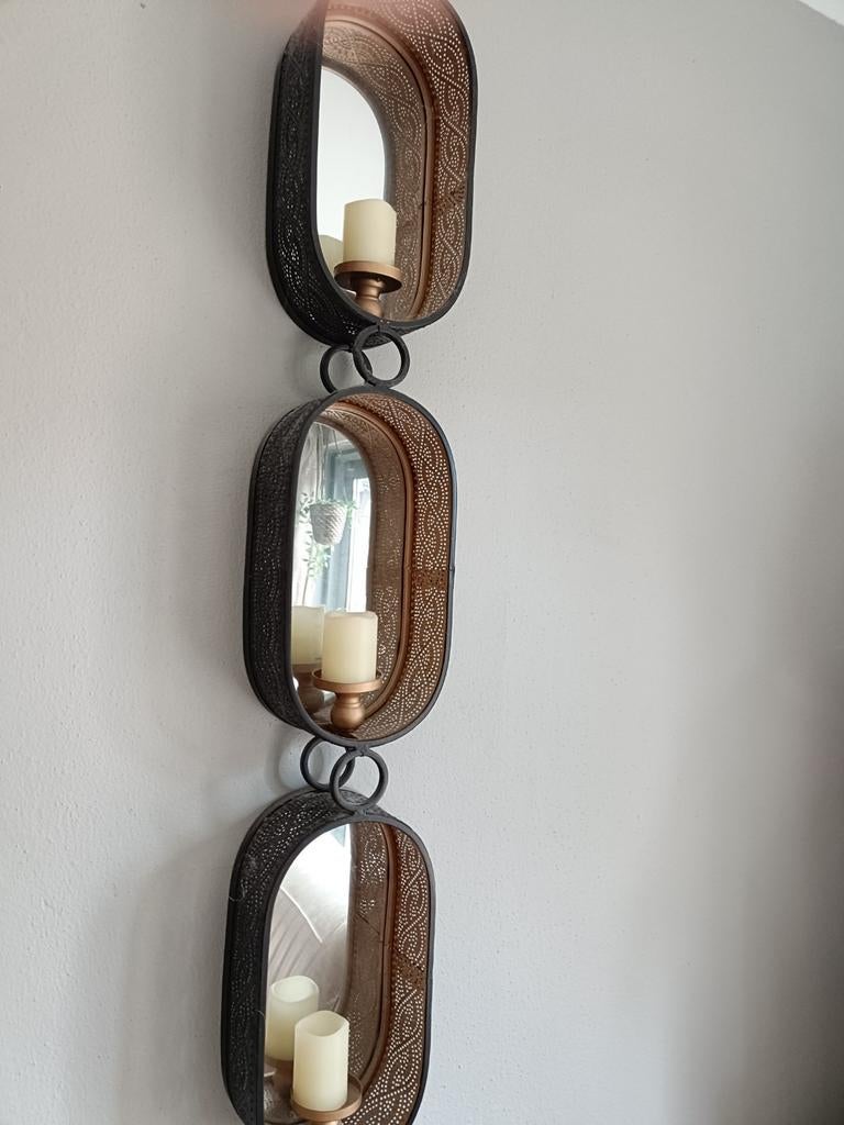 Mooie oosterse spiegelwandhanger met kaarsenhouders, Ophalen, Minder dan 50 cm, Gebruikt, 100 tot 150 cm