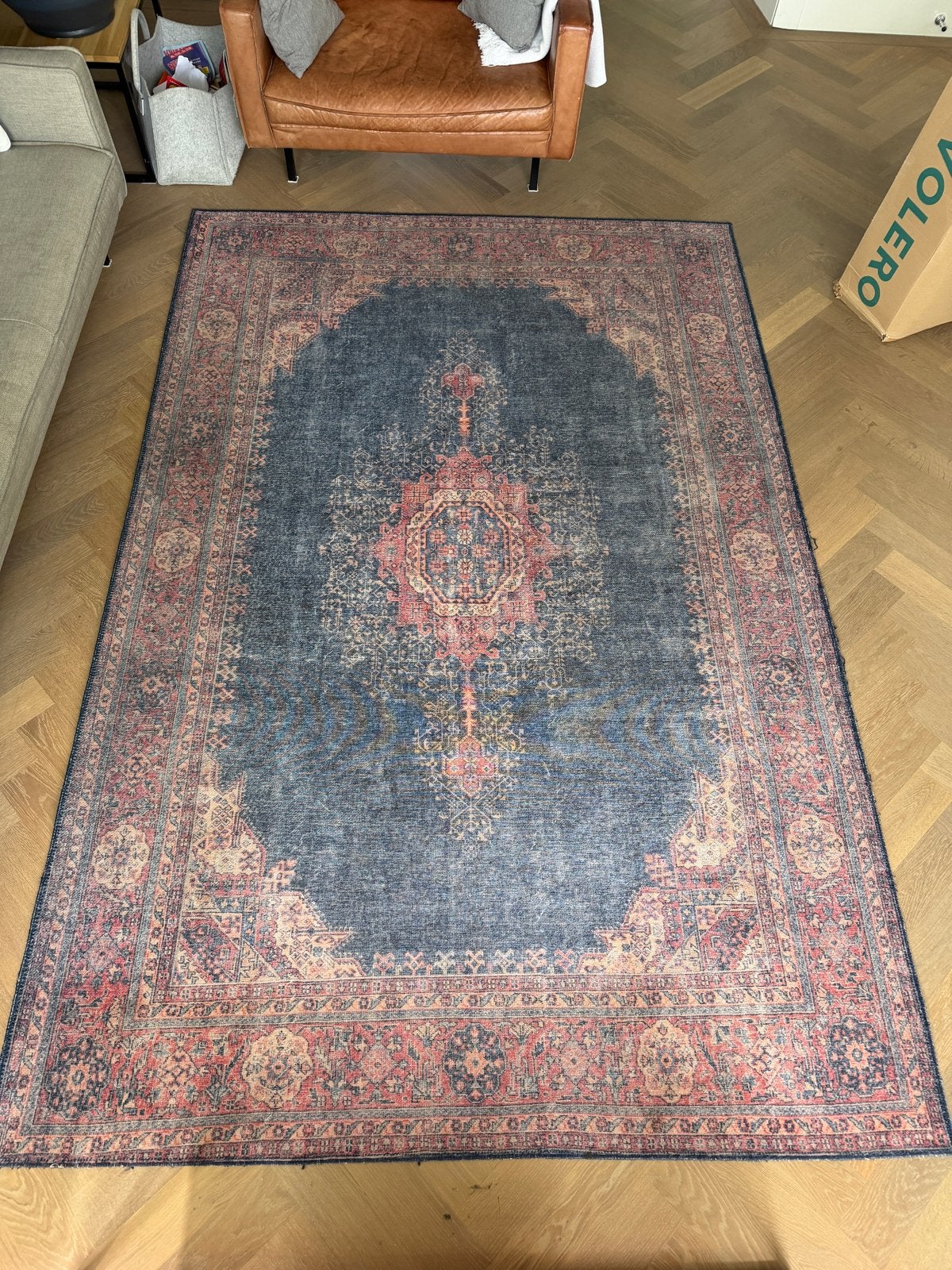 Vintage Vloerkleed Blauw/Rood, Blauw, 150 tot 200 cm, 200 cm of meer, Ophalen of Verzenden