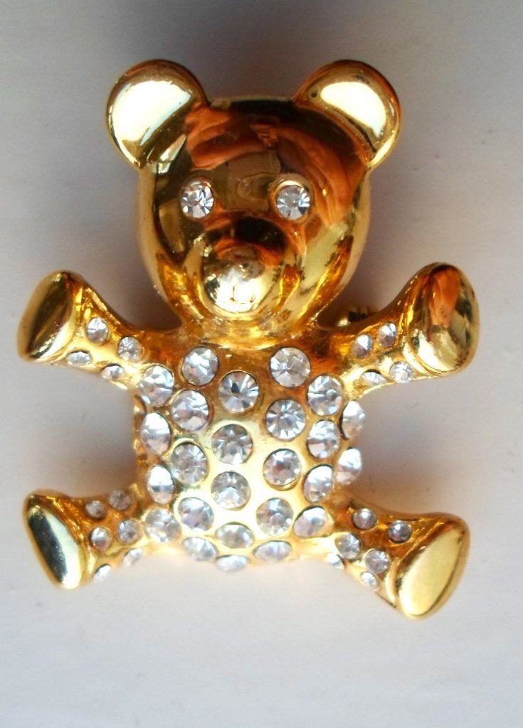 Beren broche met strass steentjes. Goldplated, Overige materialen, Ophalen of Verzenden, Zo goed als nieuw, Goud