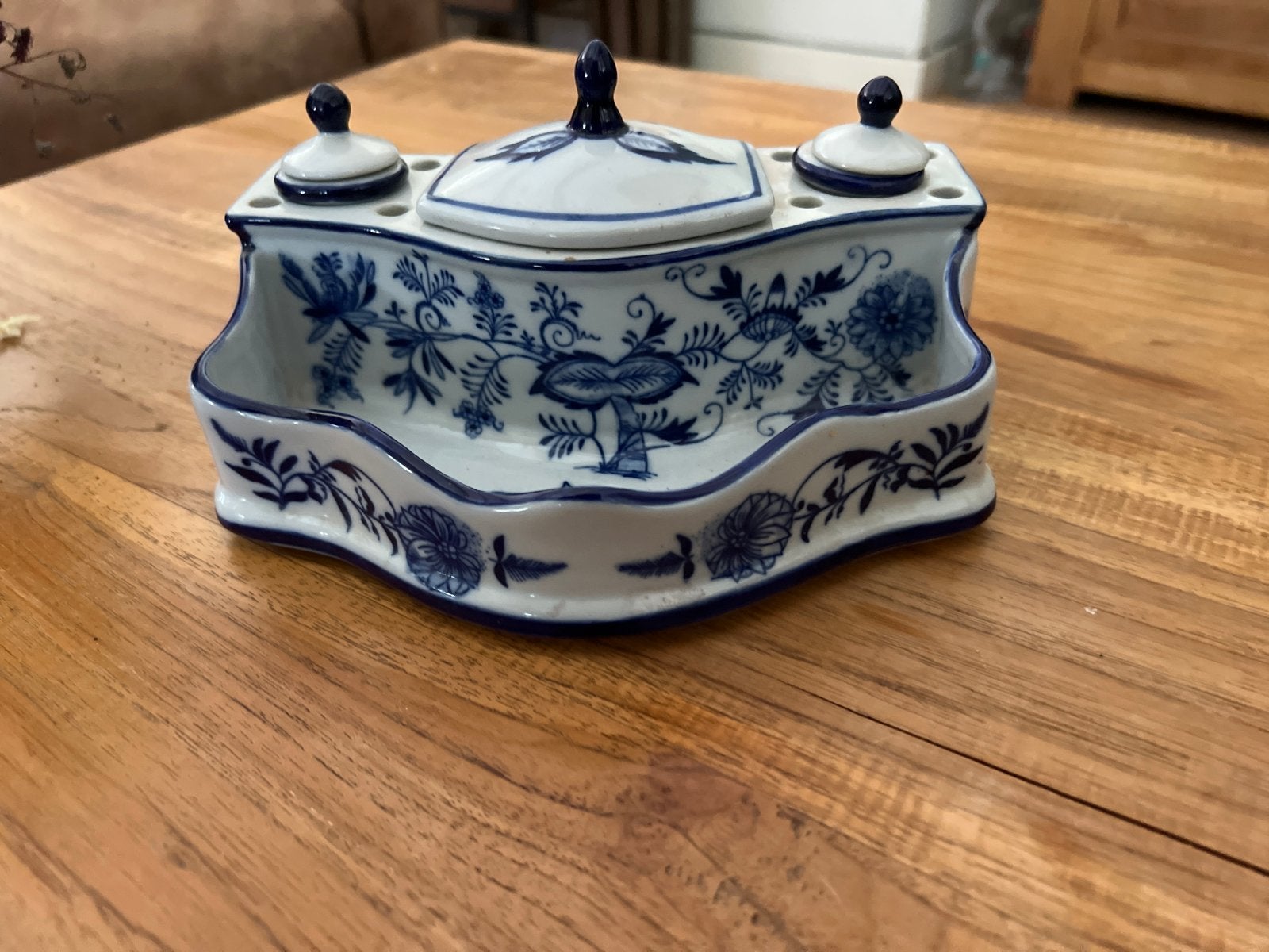 Antieke Inktpot met Blauw-Wit Bloemenpatroon, Antiek en Kunst, Ophalen of Verzenden