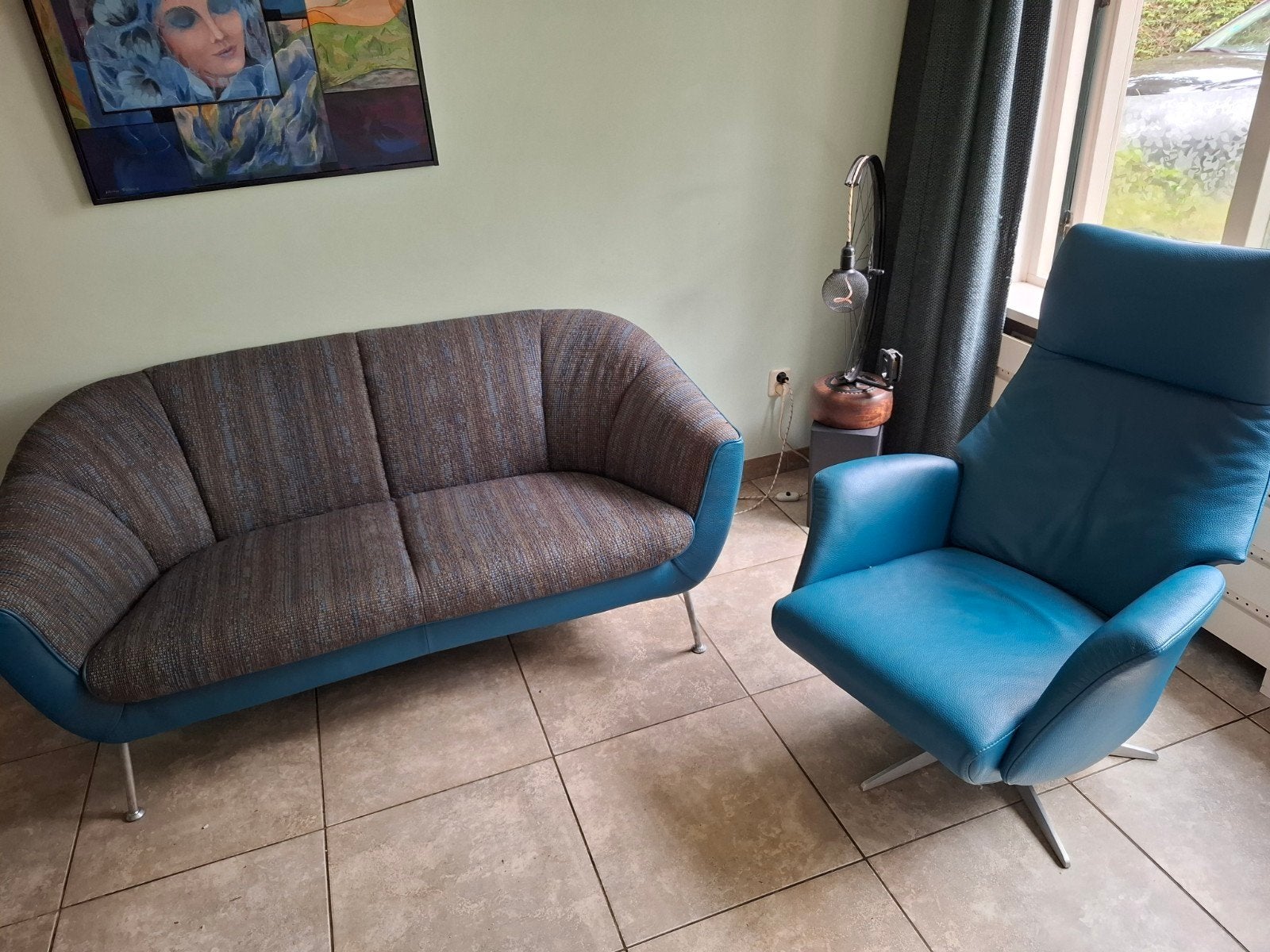 Stijlvolle Gealux tweepersoonsbank en fauteuil in blauw, Ophalen, Modern, Retro, Gebruikt, Tweepersoons