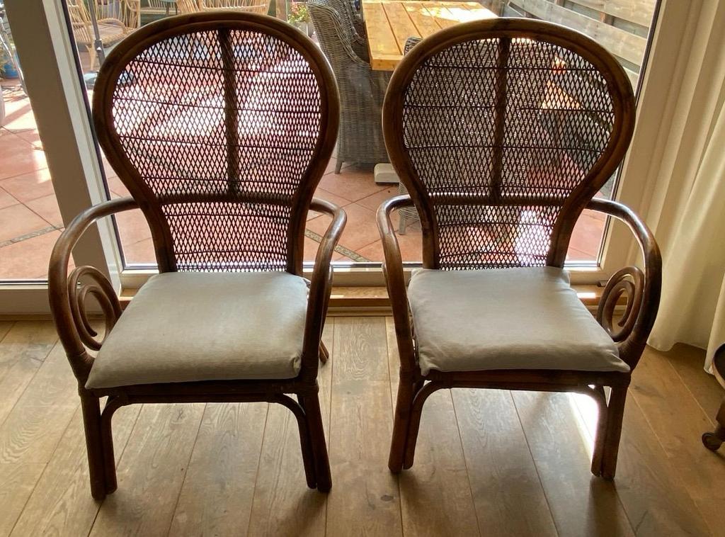Set van 2 Manou retro fauteuils uit de jaren '70 met kussens, Huis en Inrichting, Stoelen, Ophalen, Gebruikt, Twee, Bruin