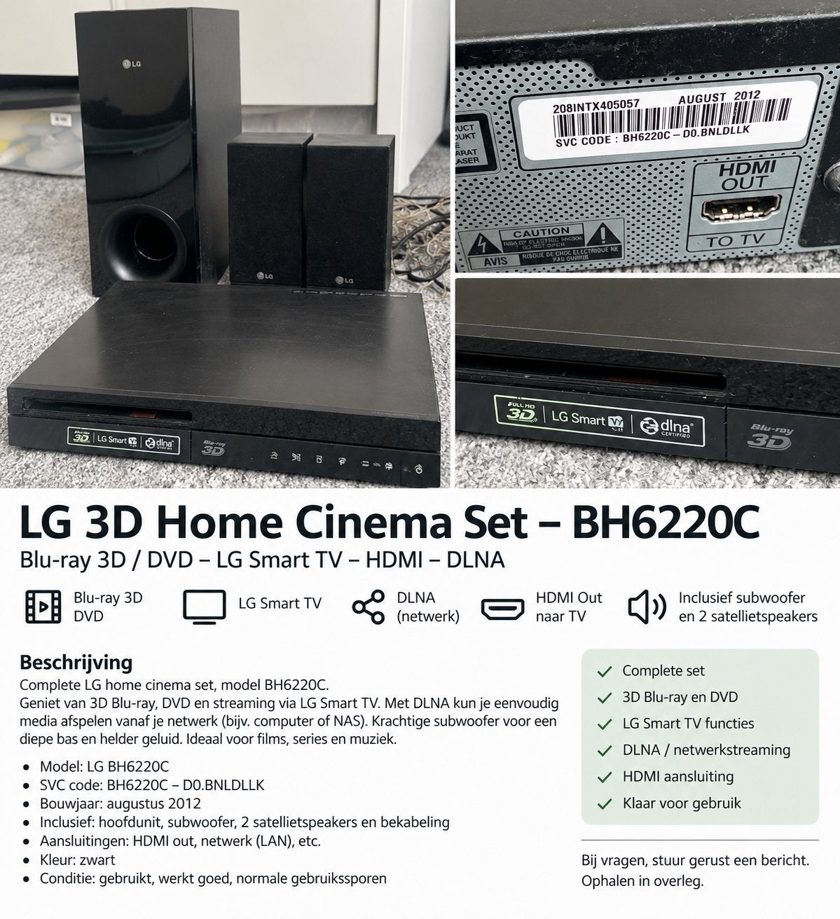 LG 3D Home Cinema Set BH6220C - Blu-ray/DVD/Smart TV, Ophalen, Philips, Gebruikt, 2.1-systeem