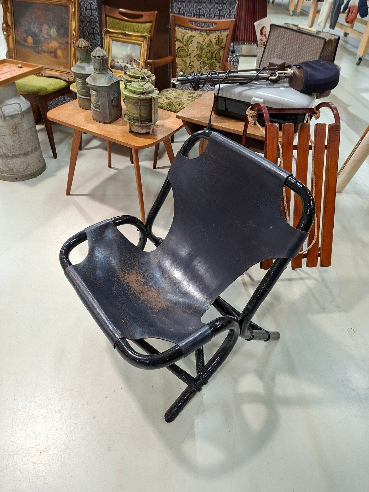 Vintage Fauteuil Jaren '60 - Zwart Leer en Rotan, Minder dan 50 cm, Gebruikt, Leer, Minder dan 75 cm