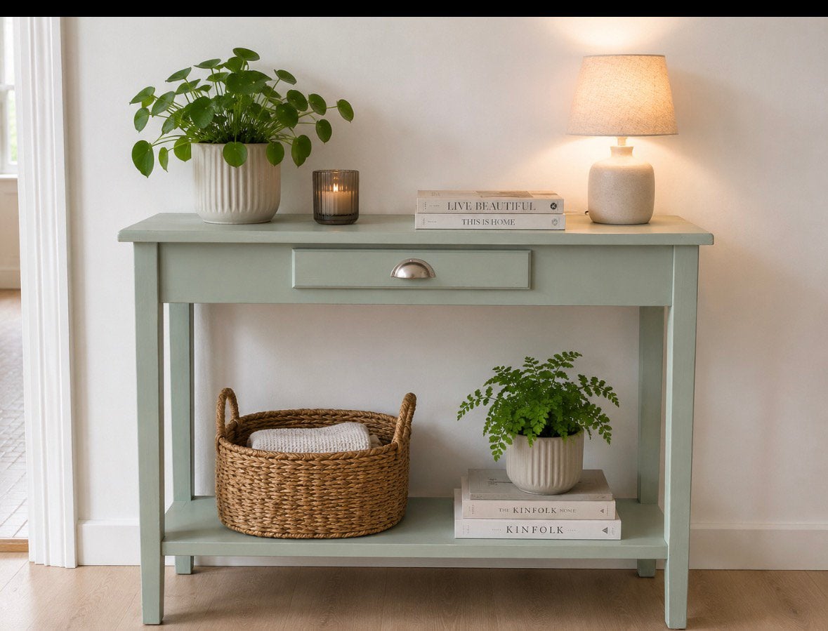 Grijze groen houten sidetable / haltafel met lade, Ophalen, 100 tot 150 cm, Zo goed als nieuw, 25 tot 50 cm