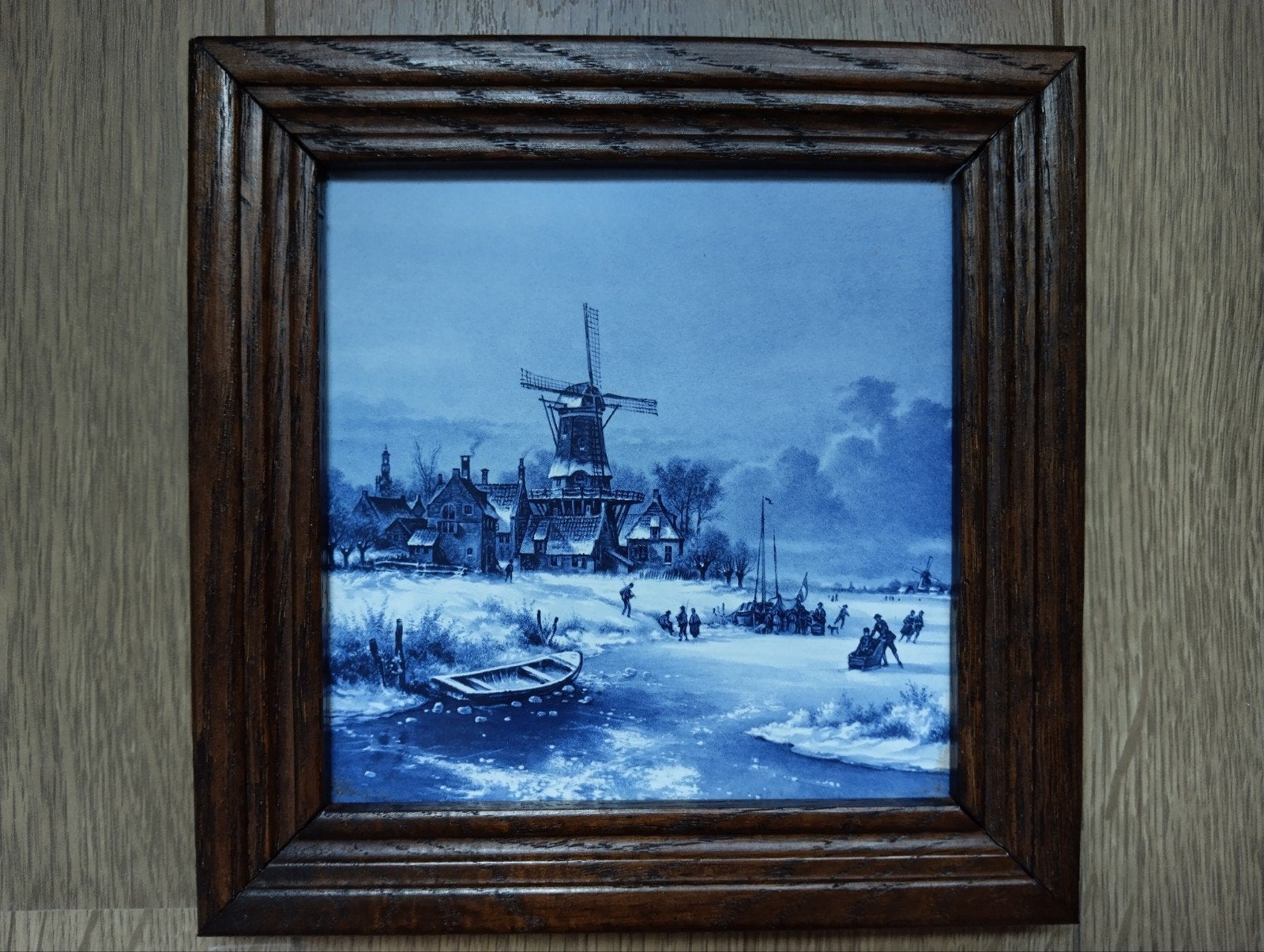 Delfts blauw tegel tableau met winterlandschap en molen, Ophalen of Verzenden