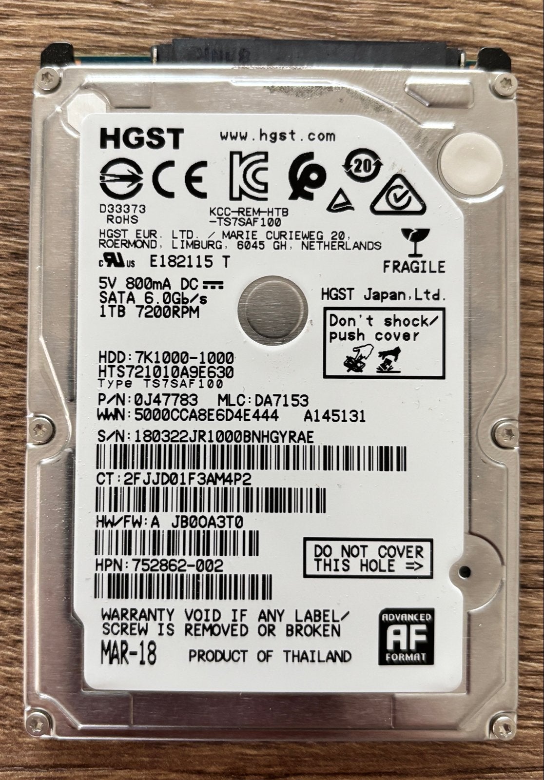 HGST 1TB 7200RPM SATA HDD - Intern, Computers en Software, Harde schijven, Intern, Gebruikt, Ophalen of Verzenden, Laptop