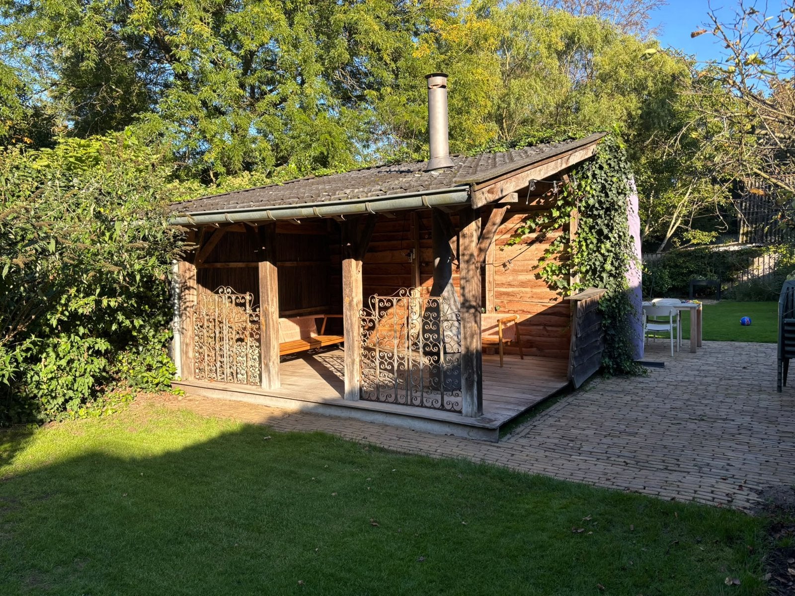 Mooie houten overkapping met haard voor in de tuin, Ophalen, Gebruikt, Overige typen