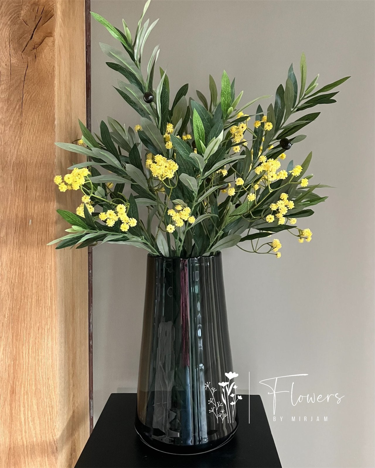 Zijden silk boeket van olijftakken en geel gipskruid NIEUW!, Binnen, Info@flowersbymirjam.nl, Transformatorstraat 6a, Geel