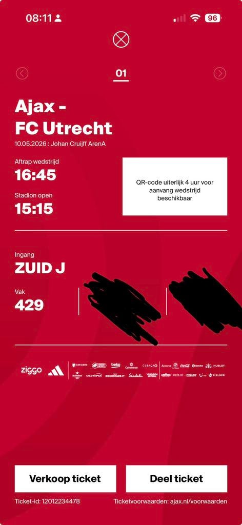Ticket ajax utrecht te koop!, Eén persoon, December