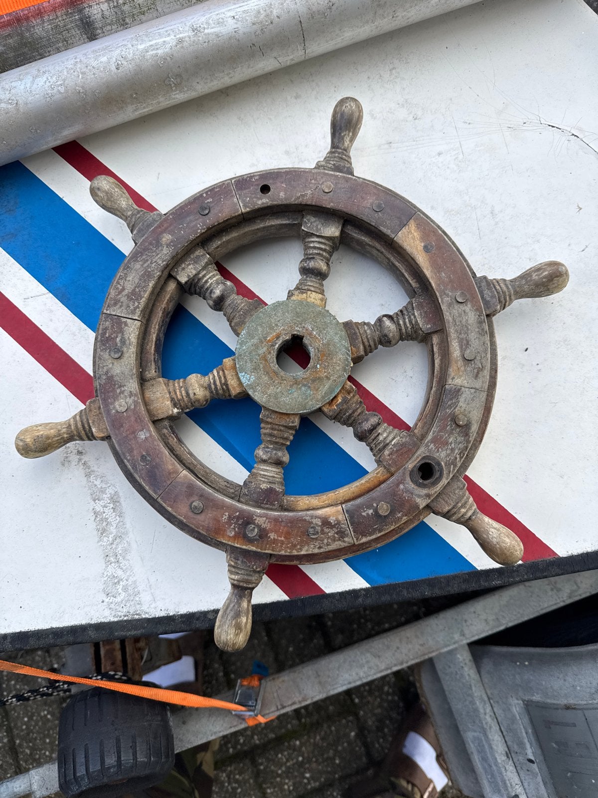 Antiek zwaar eikenhouten Scheepsroer - Decoratief Stuurwiel, Watersport en Boten, Ophalen of Verzenden, Gebruikt, Overige typen
