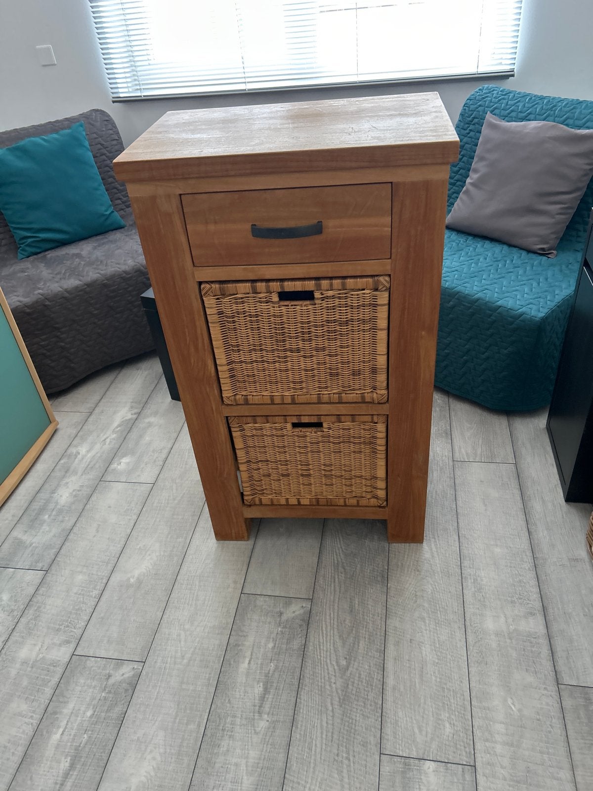 Houten ladekastje met rieten manden, Ophalen, Minder dan 50 cm, Gebruikt, 1 of 2 laden