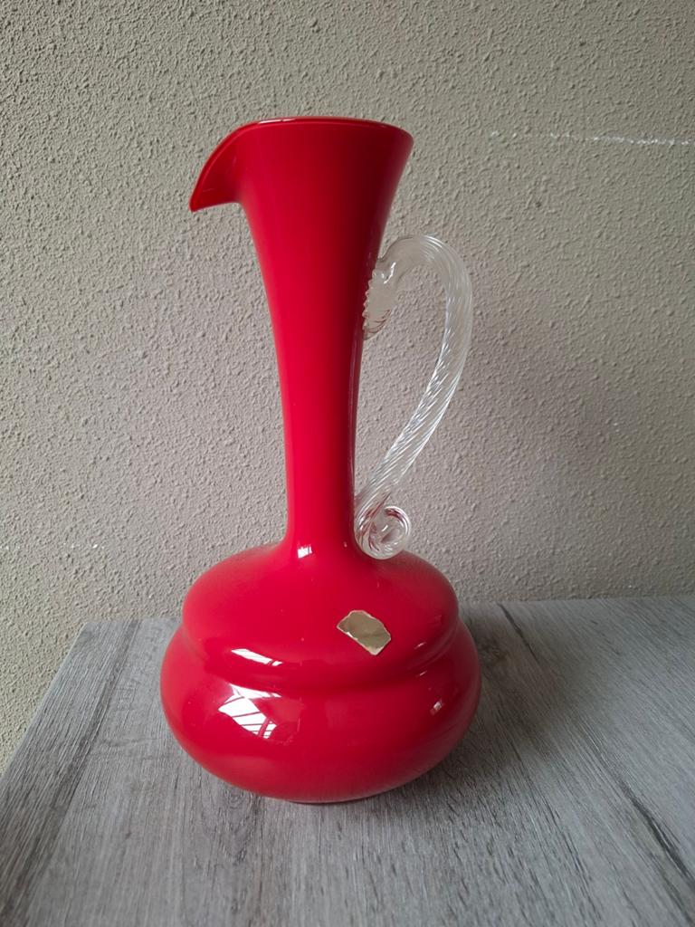 Vintage Italiaanse glazen karaf / sierkan, Palino, rood op, Ophalen of Verzenden
