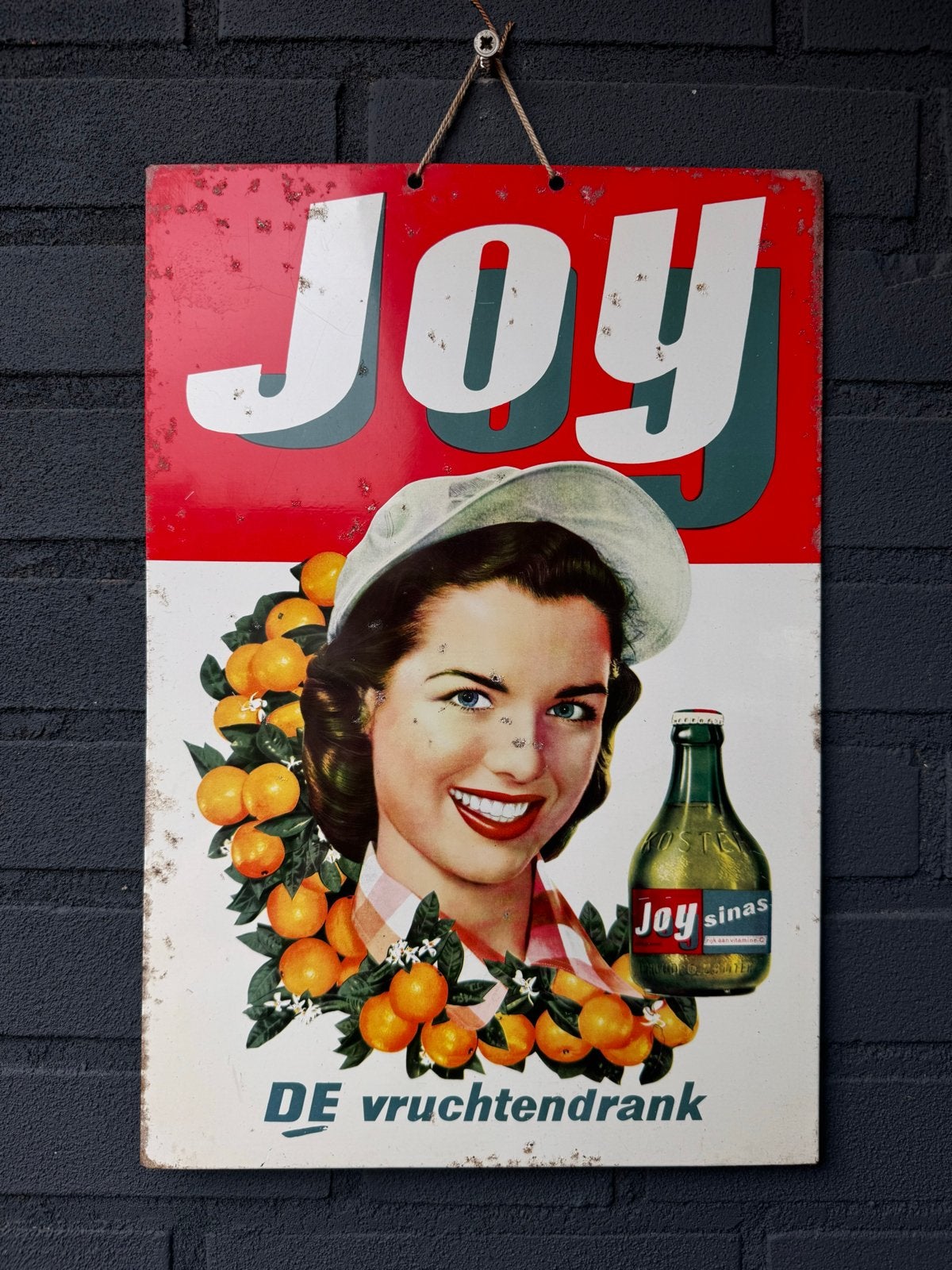 Vintage Joy Sinas Reclamebord - De Vruchtendrank, Reclamebord, Gebruikt, ., Ophalen of Verzenden