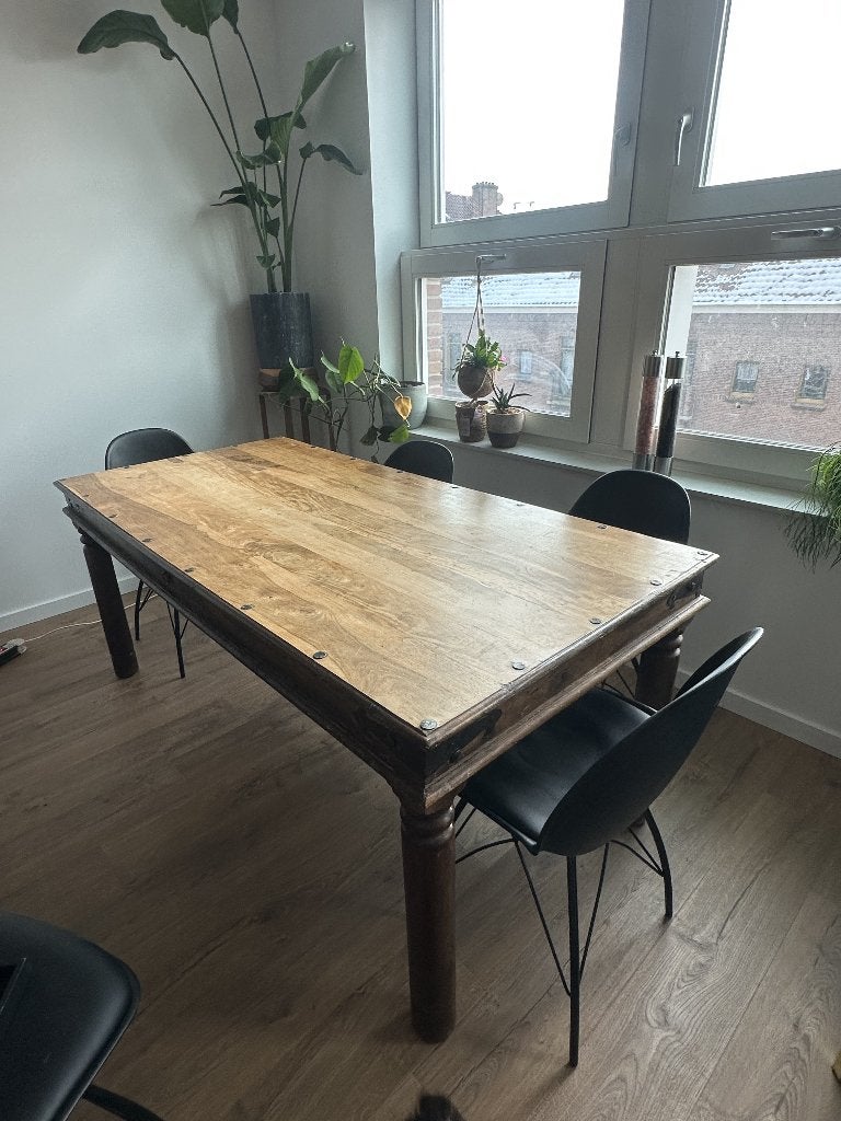 Industriële Kloostertafel Massief Hout 185 cm met Lade, Ophalen, Gebruikt, 50 tot 100 cm, Vijf personen of meer