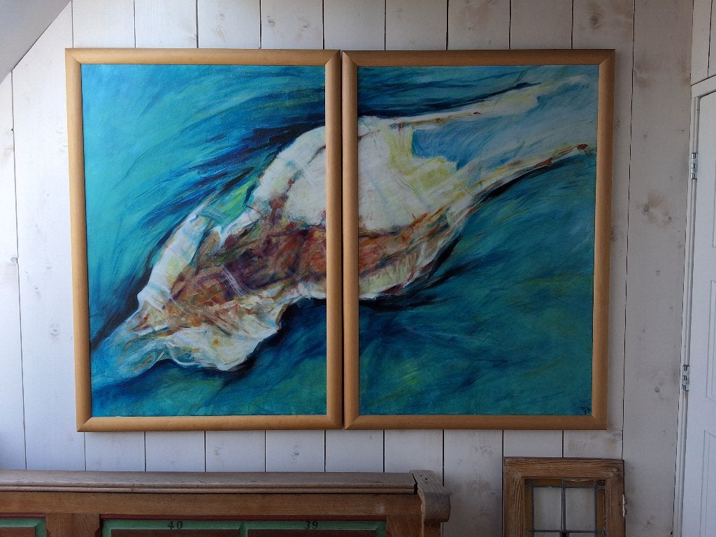 Groot Twee-luik Abstract Schilderij Gesigneerd M. 1990, Ophalen, Abstract, Textiel, Gesigneerd
