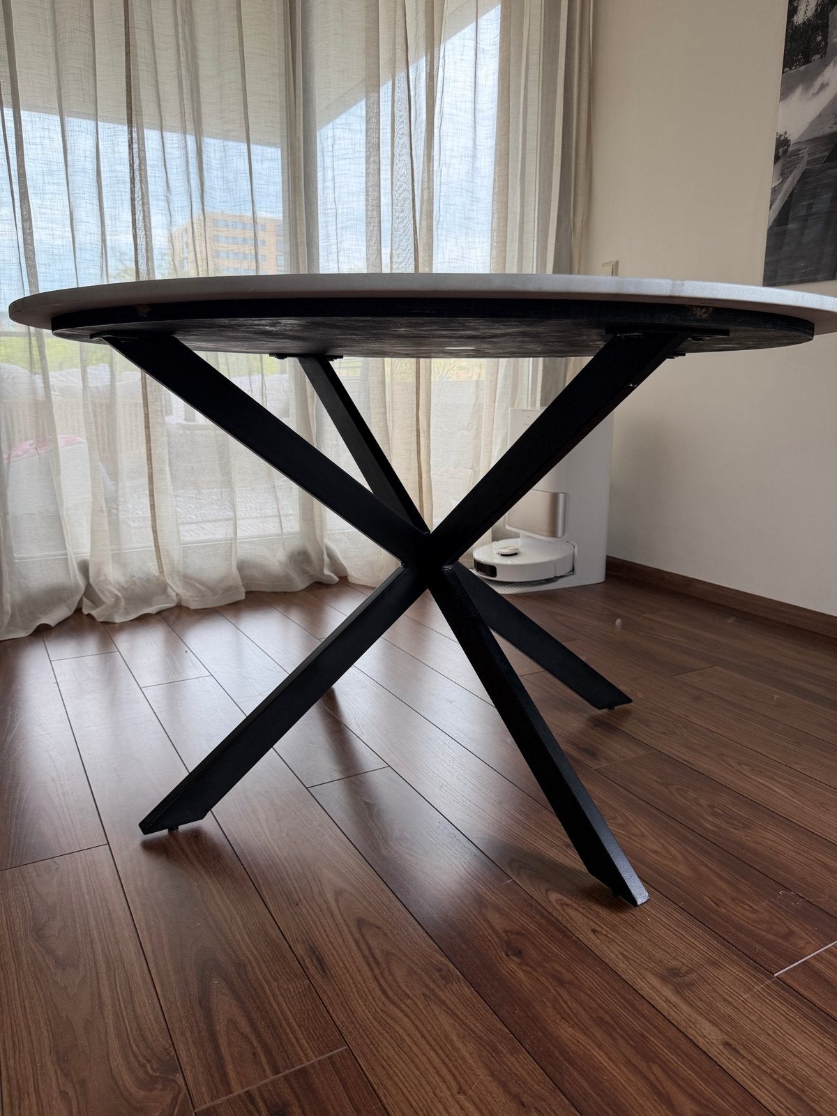 Ronde eettafel met marmerblad en zwart metalen onderste, 100 tot 150 cm, Rond, Minder dan 50 cm, Ophalen of Verzenden