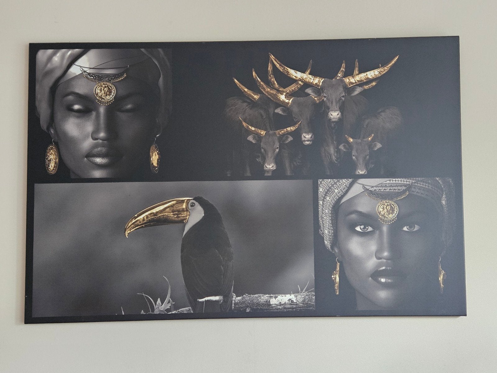 Canvas schilderij met Afrikaanse thema's en gouden accenten, Ophalen, 50 – 75, Zo goed als nieuw, Schilderij