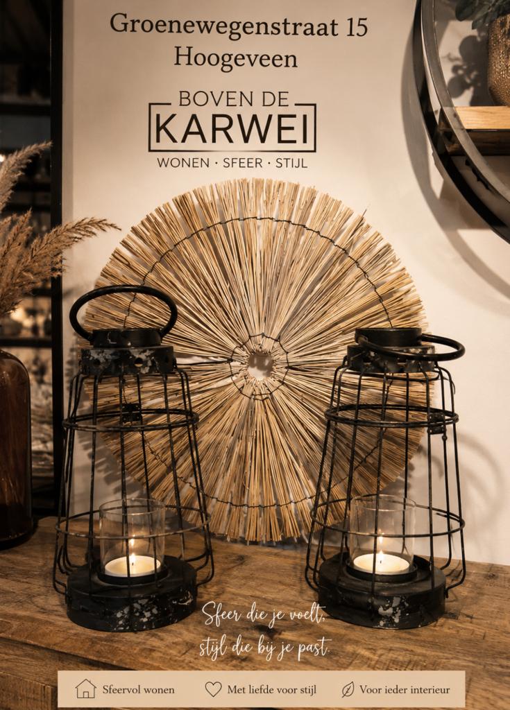 Standaard met rotan ronding en vintage windlichten, Nieuw, Ophalen of Verzenden, Landelijk, Natuurlijk materiaal