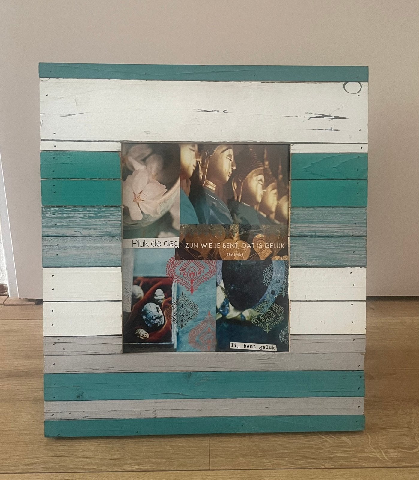 Prachtige fotolijst sloophout turquoise wit hout, Ophalen of Verzenden, Zo goed als nieuw