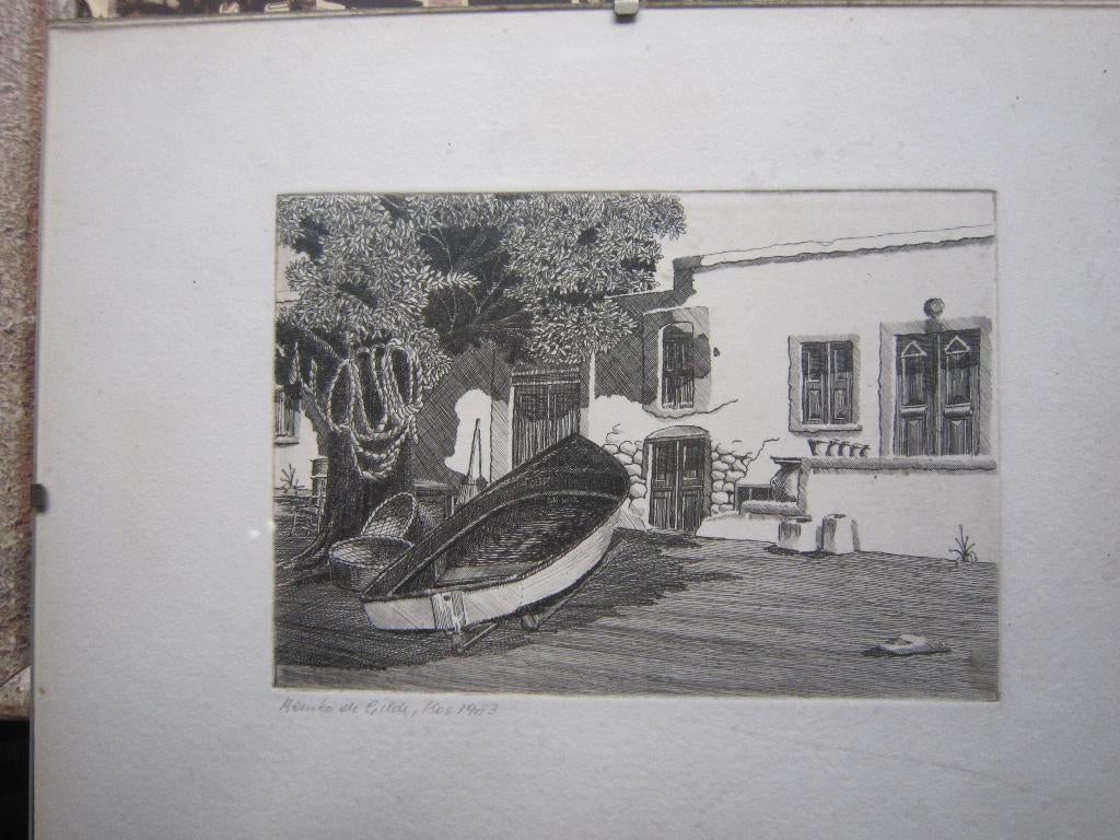 KOS Griekenland, achter een glasplaatje Vakantiehuisje, Ophalen of Verzenden, Ets