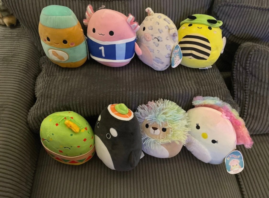 8 squishmallows knuffels 20 cm zgan bij pauw axolot leeuw, Overige karakters, Overige typen, Ophalen of Verzenden, Zo goed als nieuw