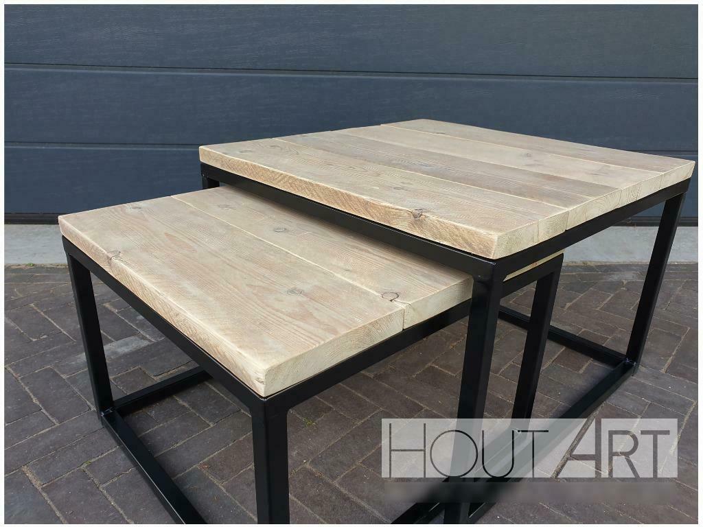 Salontafel stalen kubus set steigerhout, 50 tot 100 cm, 50 tot 75 cm, Overige materialen, Vierkant