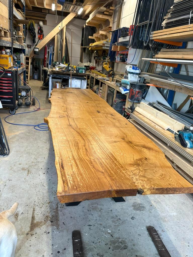 Unieke Eikenhouten Tafel - Boomstam Tafelblad, Huis en Inrichting, Tafels | Eettafels, Ophalen, 100 tot 150 cm, BekendamBouw, Eikenhout