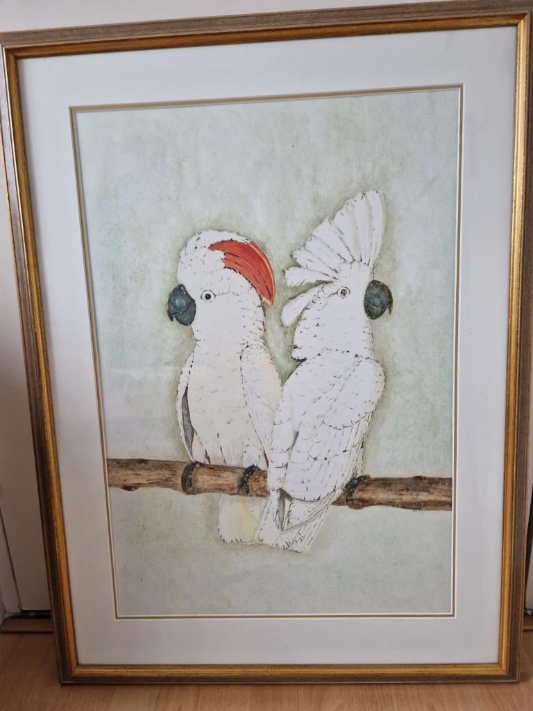 groot Aquarel - schilderij van Molukken & Witkuif Kaketoe, Meerdere dieren, Papegaai