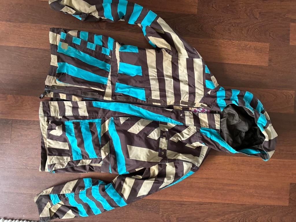 Burton snowboardjack streep bruin turquoise beige jas, Ophalen of Verzenden, Zo goed als nieuw, Kleding