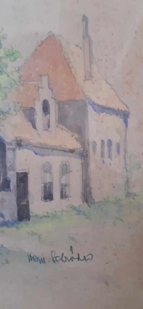 Aquarel kasteel / slot Torenzicht Poeldijk Herm. Schröder, Antiek en Kunst, Kunst | Tekeningen en Foto's, Ophalen of Verzenden