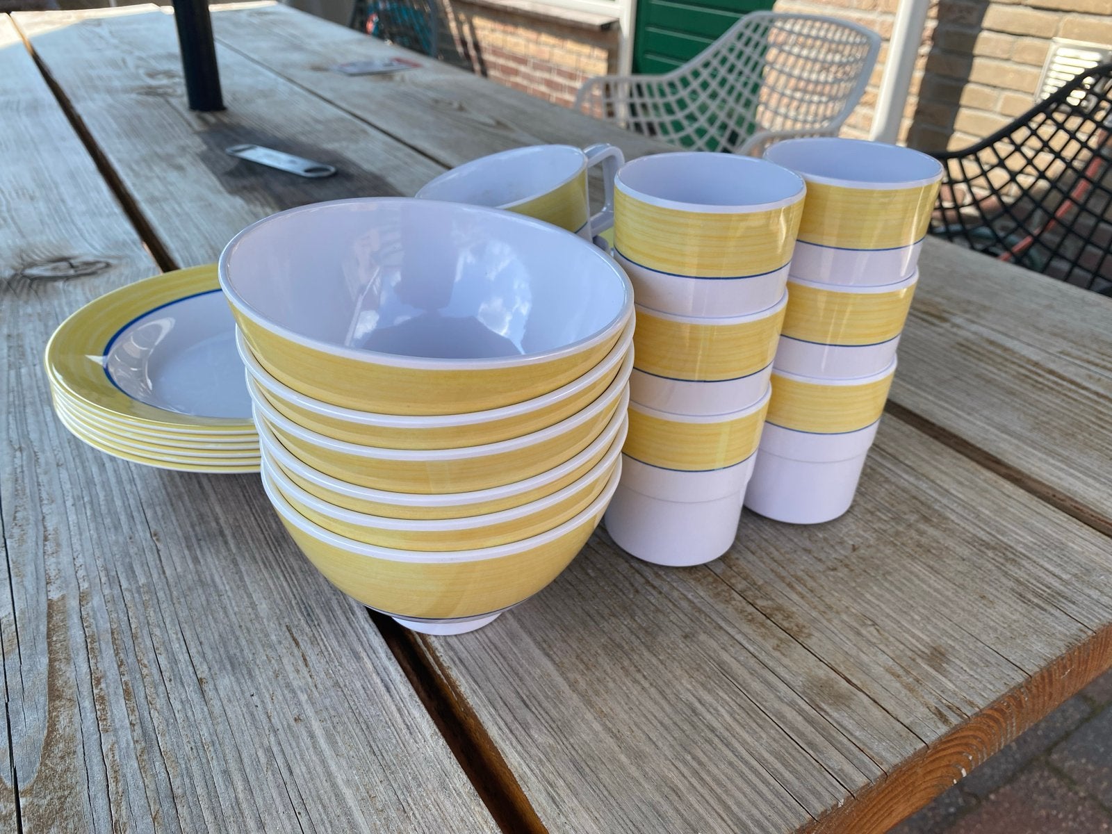 Complete Campingservies - Geel/Blauw Melamine Set, Ophalen, Gebruikt