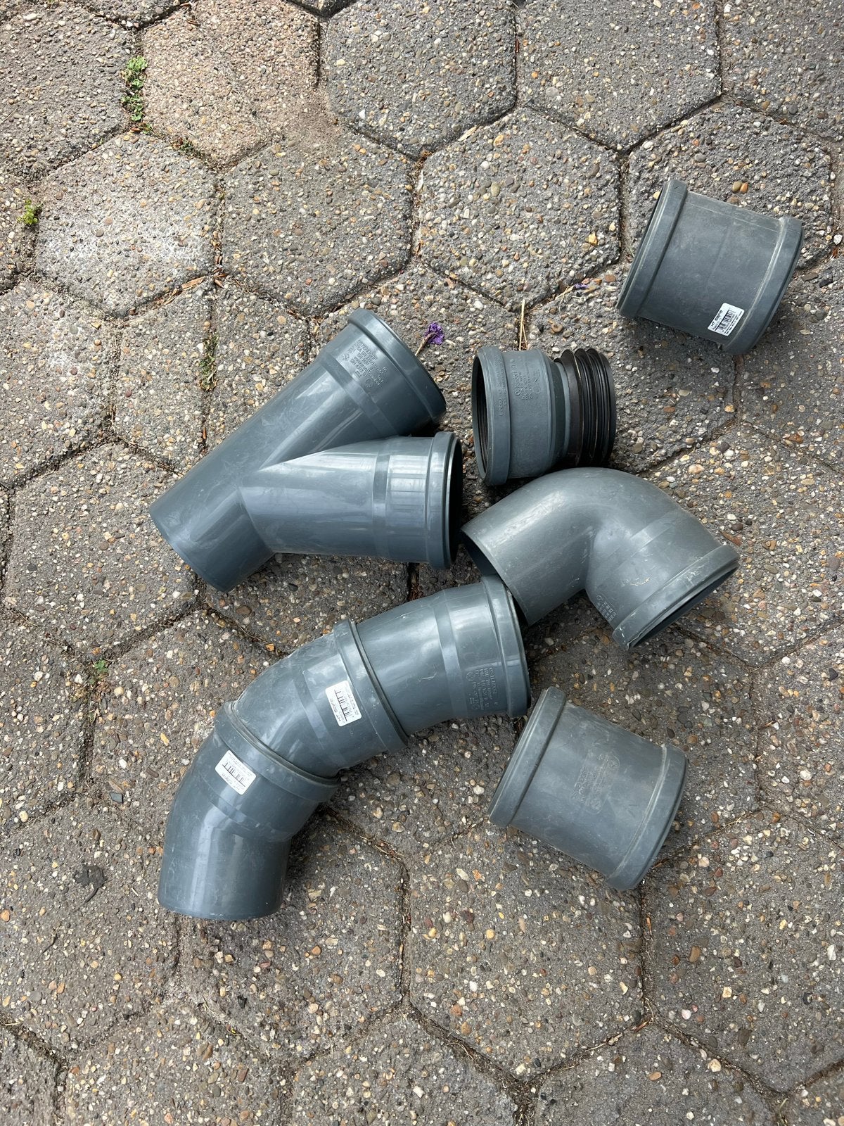 10x PP hulpstukken DIN 110 (T-stuk, bochten, moffen), Ophalen, Gebruikt, Pvc, Overige typen