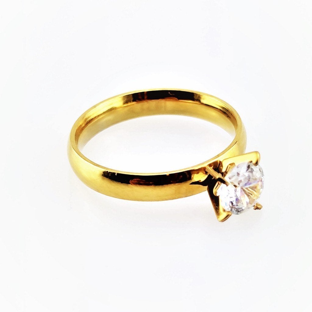 Solitaire Ring van Goudkleurig Rroestvrij Staal - Dames, Sieraden, Tassen en Uiterlijk, Met kristal, Birgitta-Gracht 33, 6465 EL Kerkrade, Nederland
