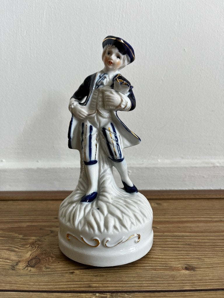 Vintage porselein speeldoos blauw met wit en goud accenten, Ophalen of Verzenden