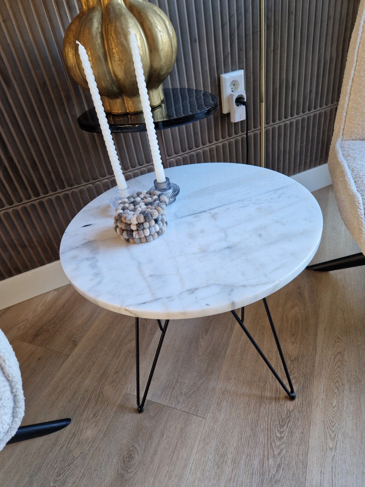 Marmeren salontafel / bijzettafel - Rond - 55x44 cm, Ophalen, Rond, 55 tot 75 cm, Zo goed als nieuw