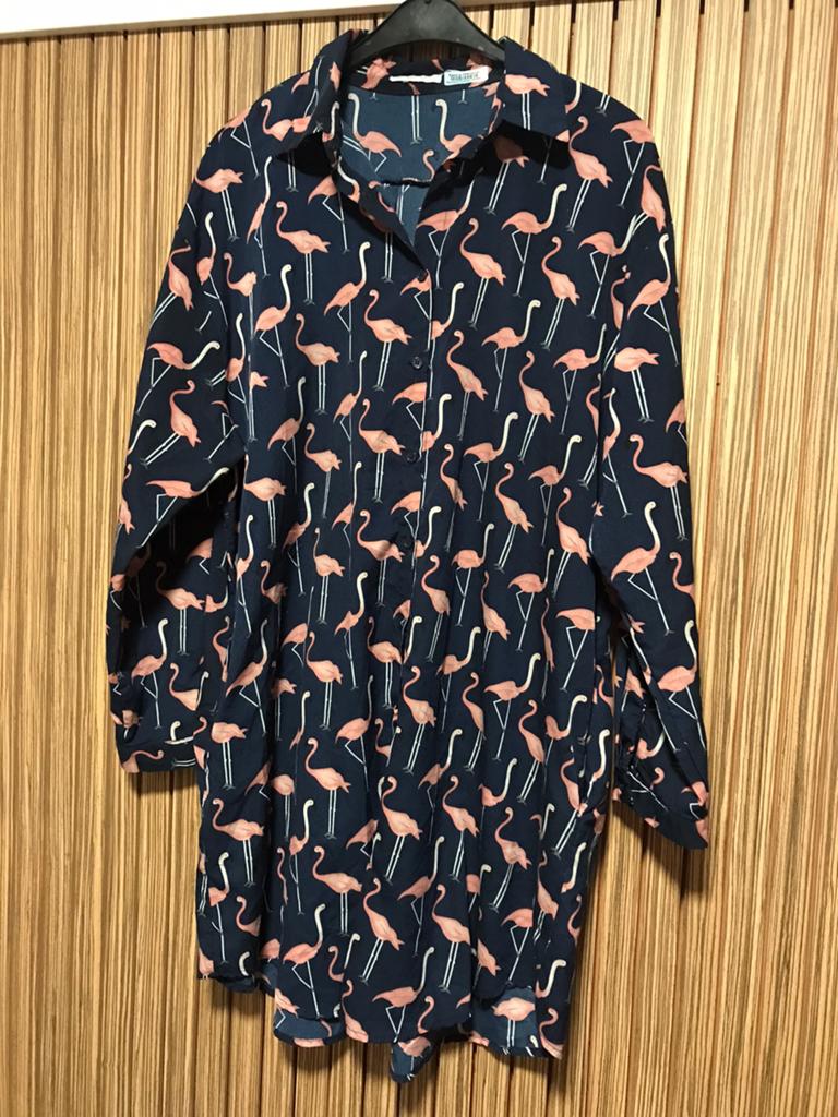 Flamingo lange blouse blauw roze mt L/XL oto 65,5cm zomer, Verzenden, Zo goed als nieuw, Blauw, Blouse of Tuniek