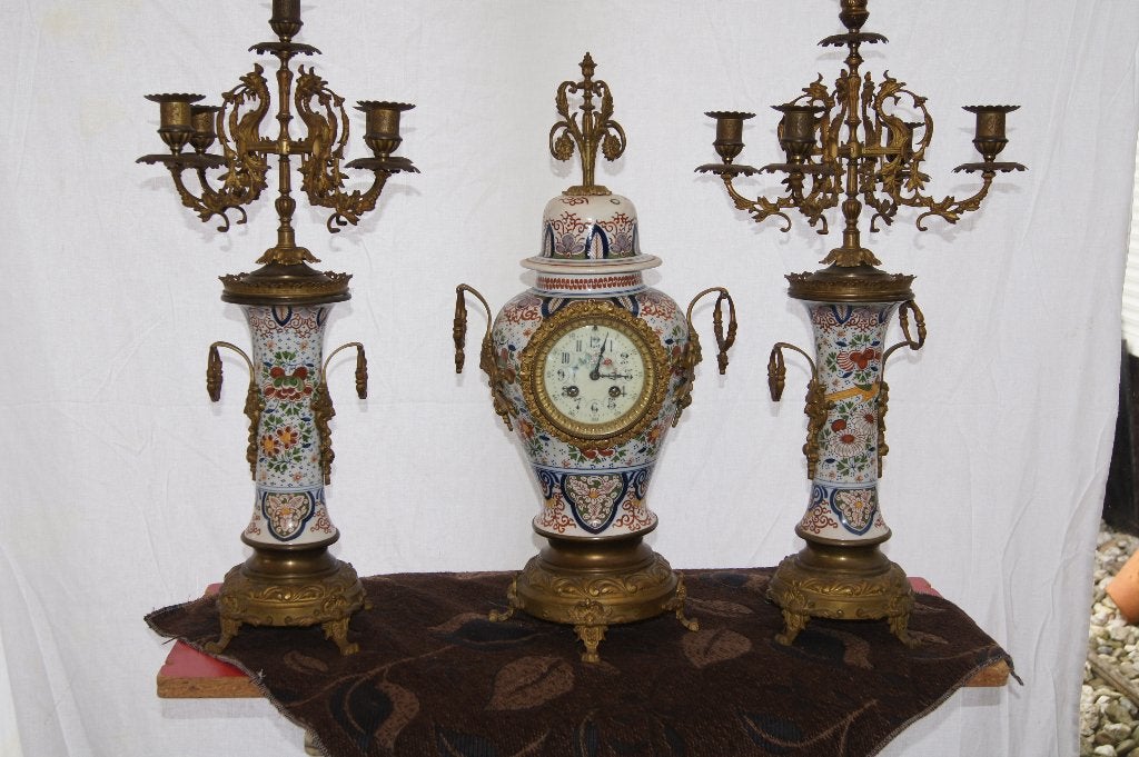Antieke klok en kandelaars set, porselein en brons, Ophalen of Verzenden