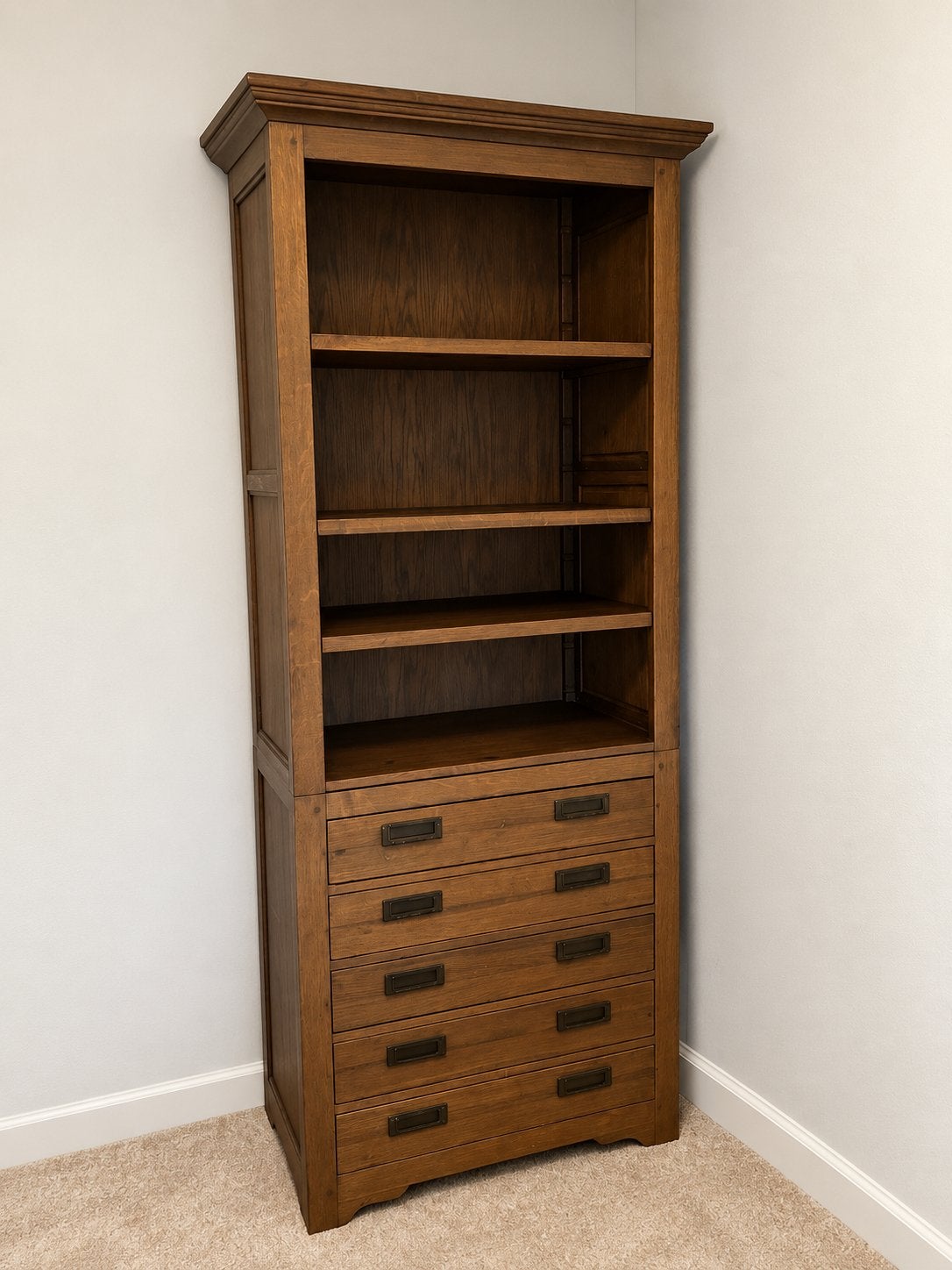Robuuste massief houten boekenkast met lades, Ophalen, Gebruikt, 200 cm of meer, Teakhout