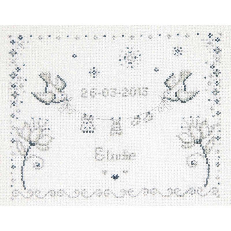 Borduurpakket Geboortetegel duiven en bloemen BK1258, ., Nieuw, Ophalen of Verzenden, .